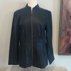 J Jill Black Genuine Leather Zip-Front Jacket with Tapered Waist Size Large EUC